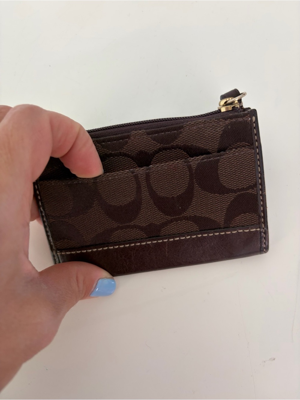 Coach Signature Jacquard Brown Leather Zip Keychain Coin Purse Card Case - Picture 4 of 8